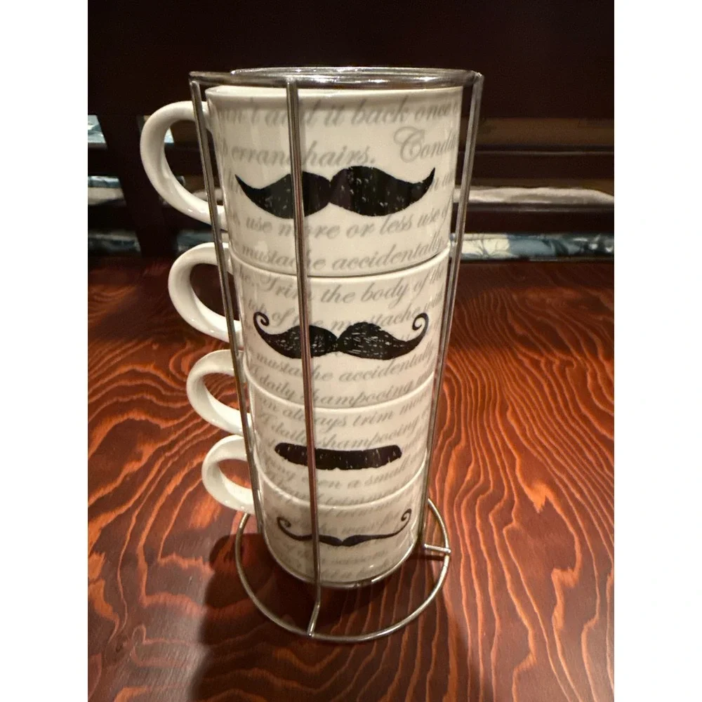 Pier 1 Imports Mustache Stacking Mugs Porcelain Set of 4 with Metal Rack White